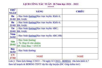Lịch công tác tuần 24 năm học 2021-2022