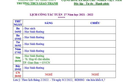 Lịch công tác tuần 23 năm học 2021-2022