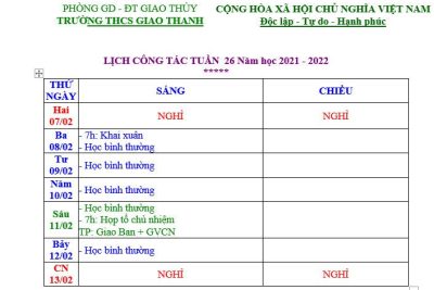 Lịch công tác tuần 22 năm học 2021-2022